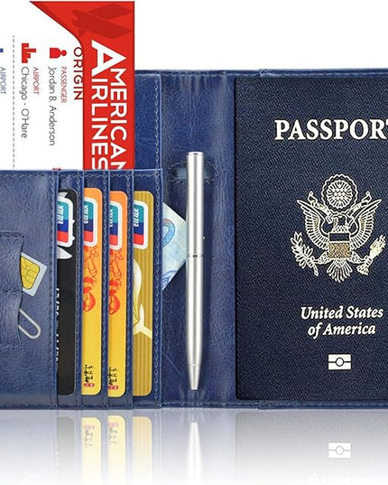 ACdream Passport Holder Cover, Leather Travel Wallet Case, RFID Blocking Document Organizer Protecrtor, with Slots for Credit Cards, Boarding Pass, for Women and Men, Navy Blue