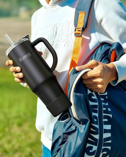 Renoj Tumbler with Handle 100% Leak Proof Insulated Water Bottle for Iced Coffee & Hot Drinks - Fits Car Cup Holder, Ideal Gift, 2 Straws & Silicone Boot BPA-Free - SnapShift Black 40 oz