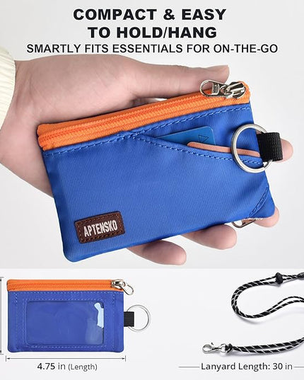 RFID Travel Wallet with Adjustable Lanyard-Zipper Small Wallet with ID Card Holder, Keychain for women&men-Minimalist Slim Waterproof Nylon case for ID, Cash, Key (Blue)