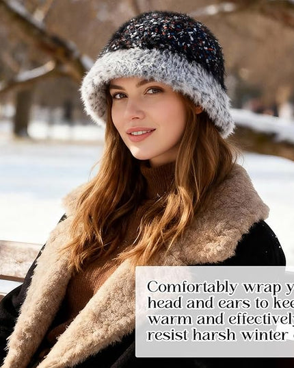 YI HENG MEI Women Knit Bucket Hat, Fluffy Winter Fisherman Hat Fuzzy Soft Warm Beanie Caps Women Cloche Caps Warm Bowler Hats