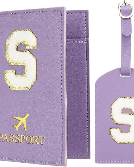 PATIKIL Passport Holder for Travel, Initial Passport Cover and Luggage Tag Set with Alphabet Chenille Letter Patch Travel Wallet Bag Suitcase Identifier for Women Family Travel Purple S