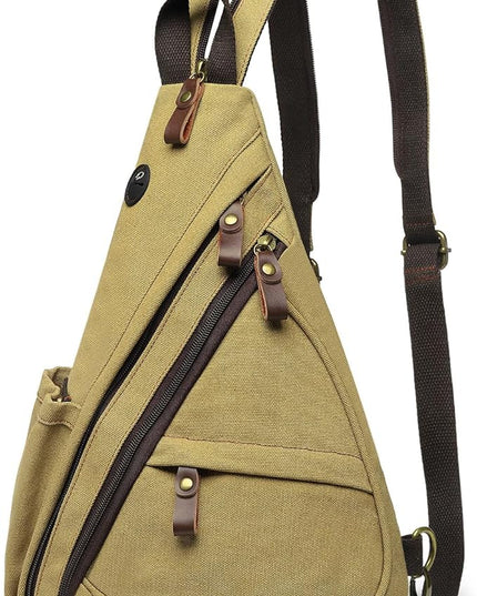 Vintage Canvas Sling Bag with Genuine Leather Zipper, 3 in 1 Crossbody, Backpack, and Chest Bag, for Travel, Hiking, 16x10x6 Inches, Khaki