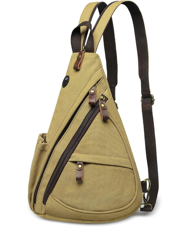Vintage Canvas Sling Bag with Genuine Leather Zipper, 3 in 1 Crossbody, Backpack, and Chest Bag, for Travel, Hiking, 16x10x6 Inches, Khaki