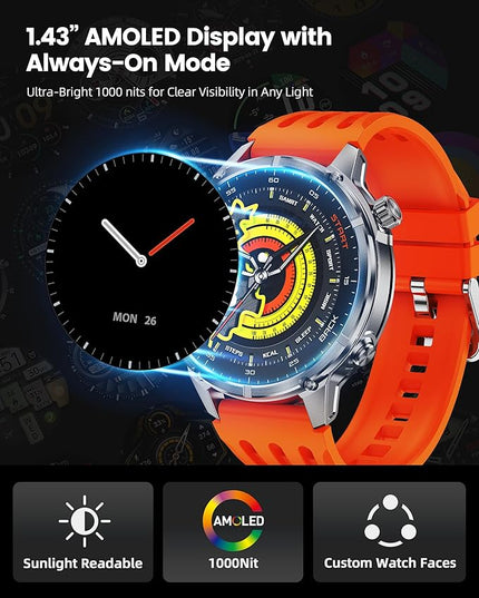 WalkerFit GPS Smart Watch for Men, Multi-Satellite Positioning, Full Metal Body, 520mAh Long Battery Life, 5ATM Waterproof with Bluetooth Call, 1.43” AMOLED Screen, Compatible with Android/iPhone
