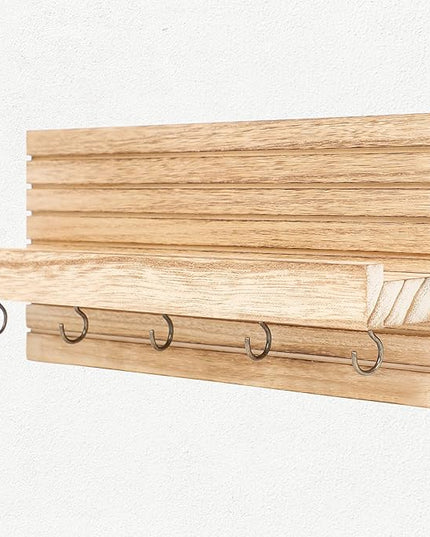 Lwenki Decorative Key Holder for Wall with Shelf, Entryway Shelf with Hooks Holds Leashes, Jackets and Glasses – Sturdy Wood Keyholder Entrance Hanger with Mounting Hardware (Wood, Medium)