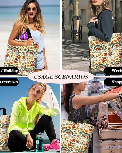 Canvas Tote Bag for Women，Cute Heavy-Duty Shoulder Bag with Zipper Pocket -Travel Tote for Grocery, Gym,Shopping