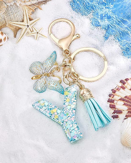Fashion Alphabet Initial Letter Keychain Tassel Butterfly Pendant Key Ring for Purse Handbags Women Girl