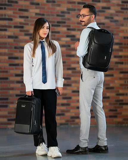 Durable Leather Laptop Business Backpack Perfect for Men & Women, Work Backpack Fits 15.6 Inch, Premium Quality Travel Bag with USB Charging Port, Water-Resistant, Bookbag with Multiple Pockets