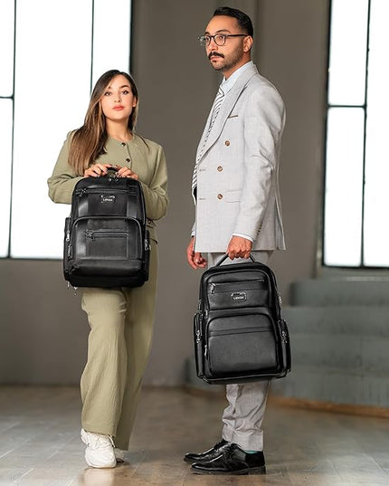 Durable Leather Laptop Business Backpack Perfect for Men & Women, Work Backpack Fits 15.6 Inch, Premium Quality Travel Bag with USB Charging Port, Water-Resistant, Bookbag with Multiple Pockets