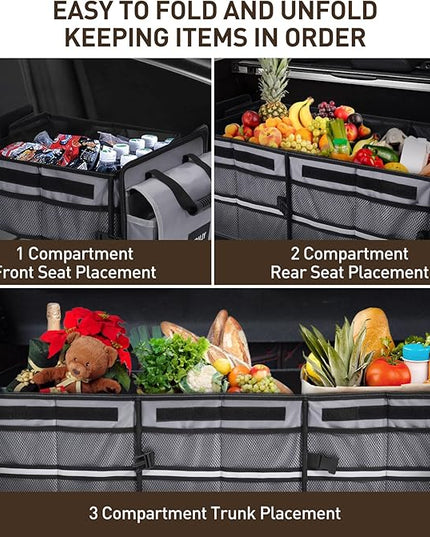 HIRALIY 4 in 1 Car Trunk Storage Organizer with Leakproof Cooler Bag, Multi-Compartment Foldable Trunk Storage Box for Car Truck SUV Gray