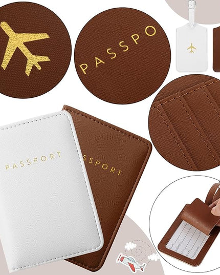 Weewooday 2 Set Mr and Mrs Passport Covers Holder and Luggage Tags Cute Leather Wallets Holder Travel Luggage Tags for Women Men Gift(White, Brown)