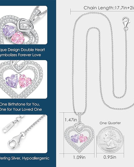 LOUISA SECRET Sparkling Double Heart Birthstone Necklaces for Women, 925 Sterling Silver Fine Jewelry, Pendant Heart Necklaces Birthday Anniversary Christmas Gift for Women Wife Mom Girlfriend Lady