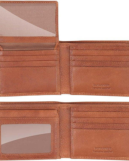 BOTANNER Mens Genuine Leather Flip ID Wallet RFID Blocking 8 Credit Card Slots 2 ID Windows 2 Sections for Bills 3 Hidden Pockets | Tan