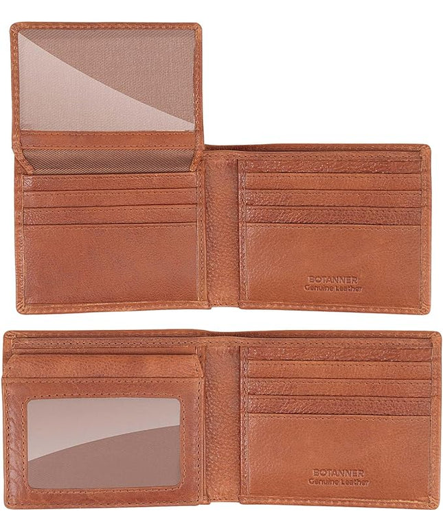 BOTANNER Mens Genuine Leather Flip ID Wallet RFID Blocking 8 Credit Card Slots 2 ID Windows 2 Sections for Bills 3 Hidden Pockets | Tan