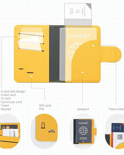 LHiDS Leatherette Passport Holder with RFID Protection, Premium PU Leather, Snap Button Closure, Travel Passport Wallet Cover for Passport, Boarding Passes, Business Cards, Cash (Yellow)