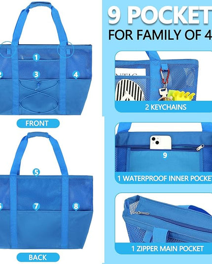 Mesh Beach Bag, Large Beach Tote with Zipper Pocket, Toys Pool Bag for Family Travel Vacation Cruise Essentials