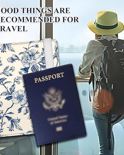 Passport Holder for Travel Essentials, RFID Premium Leather Passport Wallet Cover Case for Travel Must Haves Accessories, Passport Book Holders for Women Men Luxuxry Blue Flowers