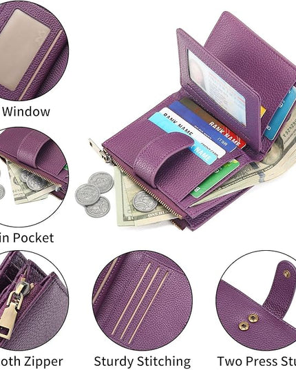 GAEKEAO Small Wallet for Women, Bifold Leather RFID Blocking Ladies Compact Card Holder with Zipper Pocket & ID Window