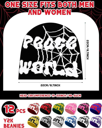 Toulite 12 Pieces Y2K Spider Web Beanie Gothic Graphic Beanies Outdoor Winter Warm Knitted Hat for Men Women