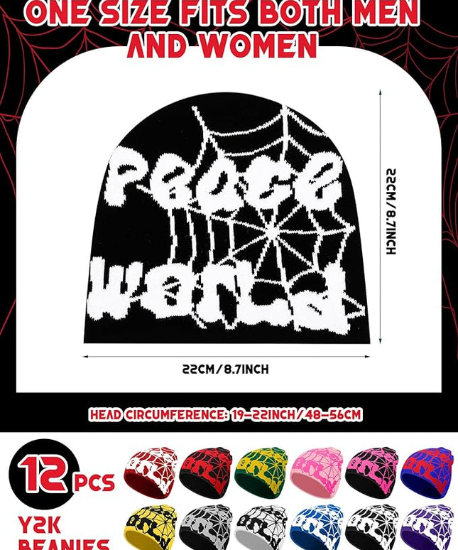 Toulite 12 Pieces Y2K Spider Web Beanie Gothic Graphic Beanies Outdoor Winter Warm Knitted Hat for Men Women