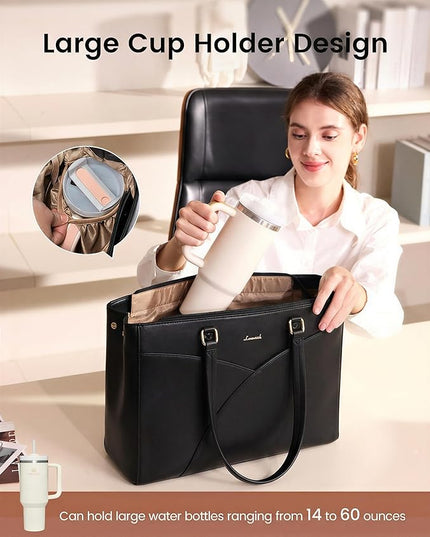 LOVEVOOK Laptop Bag for Women,17.3Inch Work Teacher Bags Leather Tote Bag Briefcase Waterproof Computer Bag for Women，Black