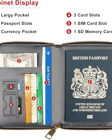 defway Passport Holder Travel Wallet - RFID Blocking Passport Holder Wallet, Full Zip Travel Card Cover with RFID Protection, Multi Slot Organizer for Cards Cash Documents Travel Essentials (Grey)