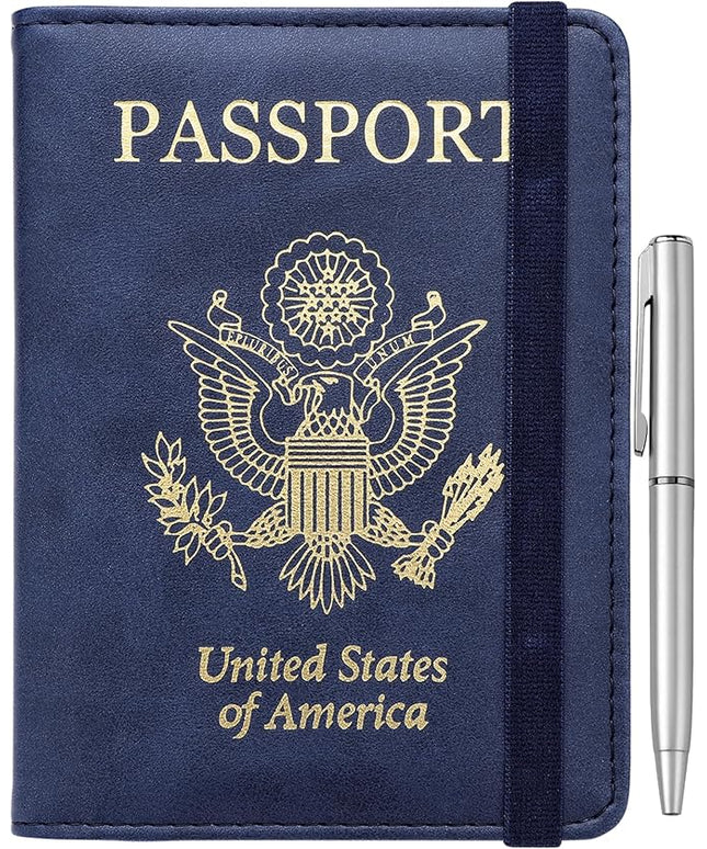 WALNEW Passport Holder for Travel, RFID Passport Cover Wallet for Women Men, PU Leather Passport Book Card Holder Case with Pen, Travelling Essentials for Flying