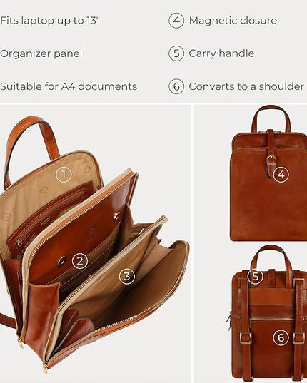 Time Resistance Leather Backpack - Convertible to Shoulder Bag - Full Grain Real Leather Travel Rucksack for Women (Cognac Brown)