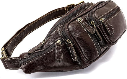 Genuine Leather Fanny Pack large capacity Crossbody Waist Bag with Zipper phone Pockets coffee