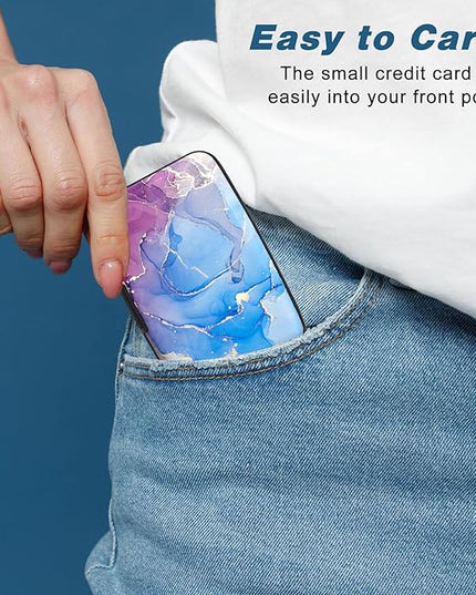 Atufsuat Credit Card Holder, Mini Aluminum Card Wallet RFID Blocking Slim Metal Hard Card Case for Women Men, Blue Purple Marble