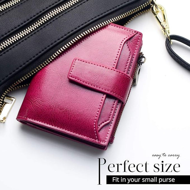 Bveyzi Women's Small Leather RFID Blocking Bifold Zipper Pocket Wallet Ladies Credit Card Slots Purse with id Window