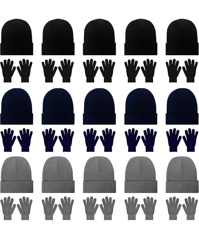 LYDTICK 30 Pack Winter Beanie Hats & Gloves Bulk for Men Women, Wholesale Cold Weather Warm Cozy Gift