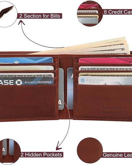 BOTANNER Genuine Leather Mens Bifold Wallet | RFID Blocking, 8 Credit Card Slots, 2 Sections for Bills & 2 Additional Slots | Dark walnut brown