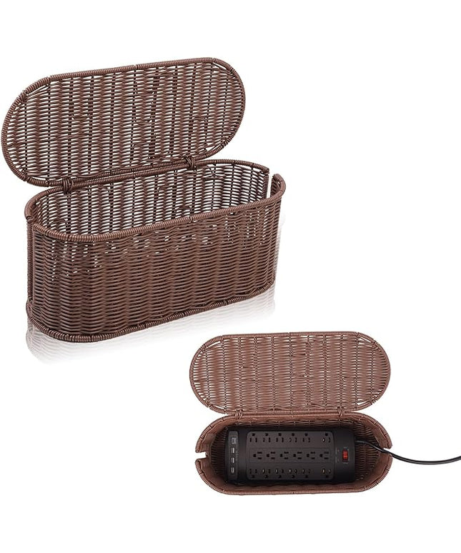 Cable Management Box, Handmade Rattan Cable Organizer, 2 Open Slots Cords Hider Box, Under Desk Cord Organizer for Computer Router USB Hub & Power Strip, Patent Pending, 15.9" x 6.5" x 6.5", Brown