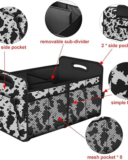 Femuar Car Trunk Organizer,Car Storage Organizer with 72L Large Capacity Waterproof Collapsible and 11 Pockets,Trunk Organizer for Car Suv/Jeep/Sedan, Large Size, Cow print