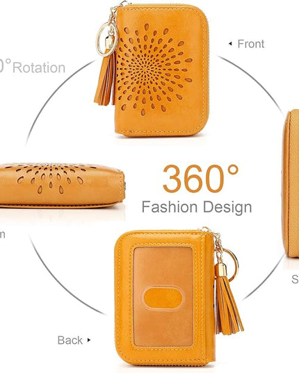 APHISON RFID Credit Card Holder Zipper Card Case Keychain Small Wallet for Women 1927 DARK-YELLOW