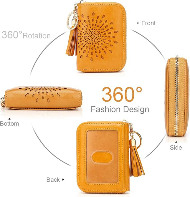 APHISON RFID Credit Card Holder Zipper Card Case Keychain Small Wallet for Women 1927 DARK-YELLOW