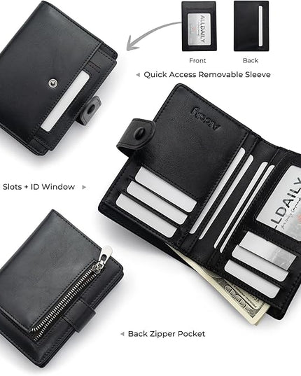 Alldaily Small RFID Blocking Leather Wallet for Women, Bifold with 10 Card Slots and Zipper Pocket (Black)