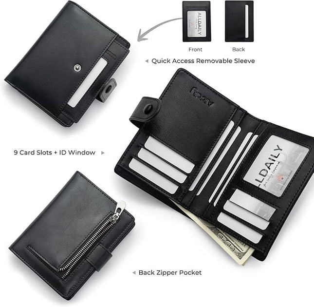 Alldaily Small RFID Blocking Leather Wallet for Women, Bifold with 10 Card Slots and Zipper Pocket (Black)