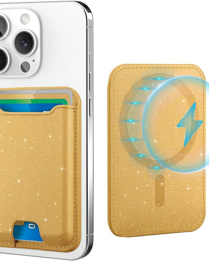 TopMade for Magsafe Wallet, Sparkle Magnetic Card Holder for iPhone 17, 16, 15, 14, 13, 12 Series, Leather RFID Blocking, Fit 4 Cards, Glitter Yellow