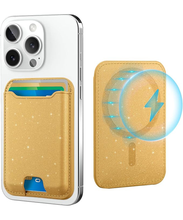 TopMade for Magsafe Wallet, Sparkle Magnetic Card Holder for iPhone 17, 16, 15, 14, 13, 12 Series, Leather RFID Blocking, Fit 4 Cards, Glitter Yellow