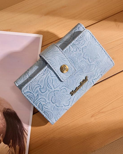 Montana West Small Wallet Women's Embossed Floral Wallet Trifold RFID Wallets Ladies Female Western Credit Card Cash Wallets Jeans Blue with ID Window
