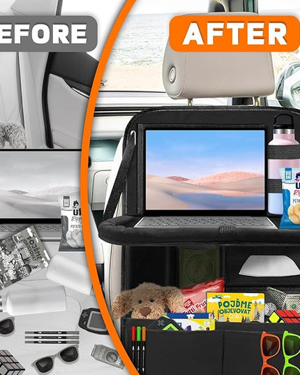 Backseat Car Organizer with Table Tray,12 Pockets Storage Organizer with Tablet Holder,Car Seat Organizer with Car Tissue Holder,Kick Mats Protector For Kids,Travel Accessories(2-Pack)