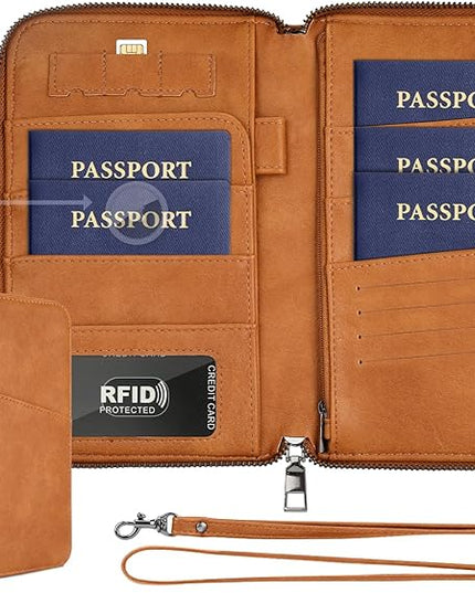 Family Passport Holder Wallet RFID Travel Document Organizer for Women Men, Portable Case Cover for Cards, Boarding Pass with Wrist & Neck Double Strap, Travel Christmas Gifts (Apricot, 1pack)