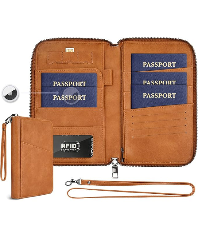 Family Passport Holder Wallet RFID Travel Document Organizer for Women Men, Portable Case Cover for Cards, Boarding Pass with Wrist & Neck Double Strap, Travel Christmas Gifts (Apricot, 1pack)