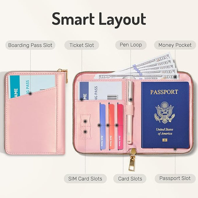 Forvencer Passport Holder Cover with Safe Zipper Closure, Premium Passport Wallet for Travel, Cute RFID Blocking Card Case, Waterproof Travel Accessories for Women, Rose Gold