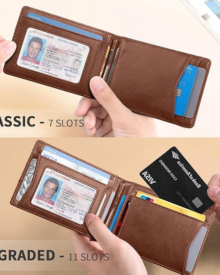RUNBOX Slim Wallet for Men Genuine Leather RFID Blocking Bifold Minimalist Front Pocket Mens Wallet with Money Clip Thin Gift Box