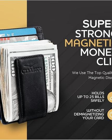 Money Clip Leather Wallet For Men Slim Front Pocket RFID Blocking with Super Strong Magnetic