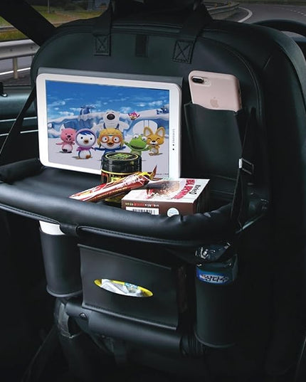 Car Backseat Organizer with Built-in Foldable Tray | Double Layered Leather, Waterproof Car Seat Organizer with - Pockets | Easy Installation, Perfect for Family Trips and Daily Use