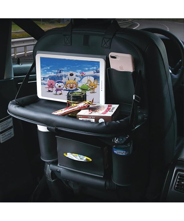 Car Backseat Organizer with Built-in Foldable Tray | Double Layered Leather, Waterproof Car Seat Organizer with - Pockets | Easy Installation, Perfect for Family Trips and Daily Use